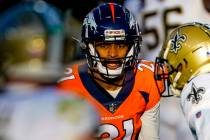 Denver Broncos cornerback A.J. Bouye plays against the New Orleans Saints during an NFL footbal ...