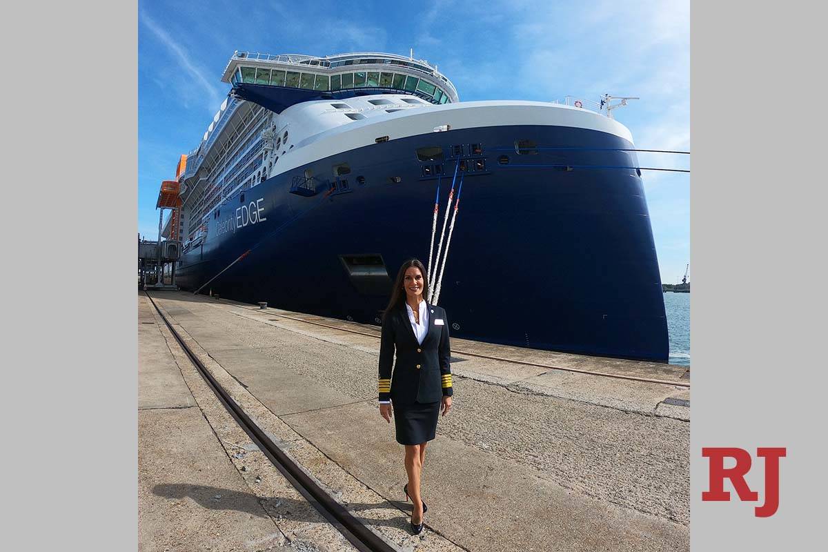 Capt. Kate McCue stands in front of the Celebrity Edge. (Kate McCue)