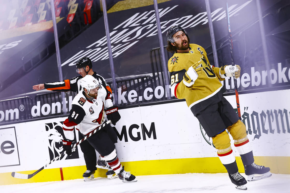 Golden Knights right wing Mark Stone (61) reacts after scoring a goal against the Arizona Coyot ...