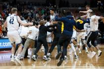 UC Irvine players celebrate after the team defeats Cal State Fullerton 92-64 during the second ...