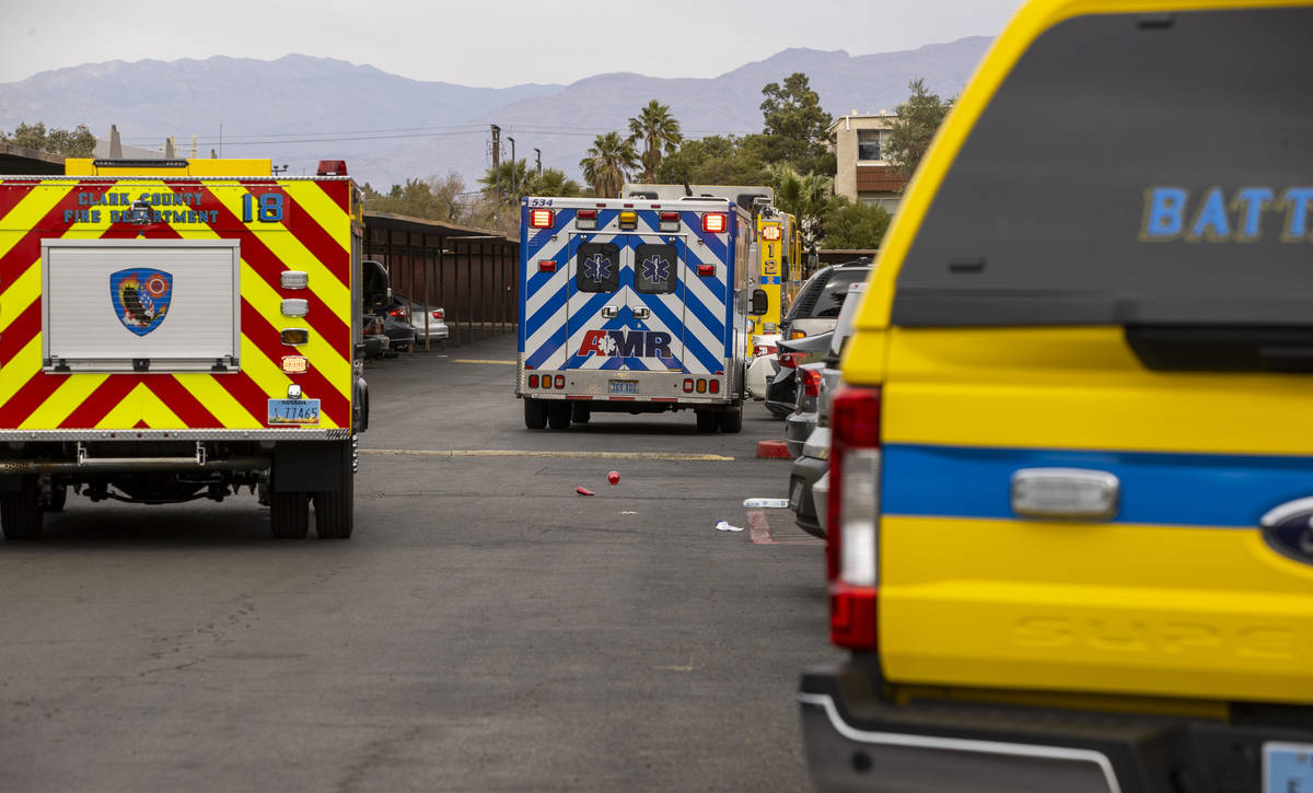 Clark County and Las Vegas Fire Department vehicles are on scene for a fire at Twain Estates on ...