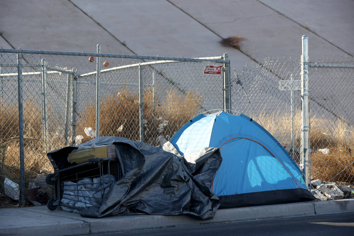 A tent on A Street near Owens Avenue in downtown Las Vegas Tuesday, March 9, 2021. (K.M. Cannon ...