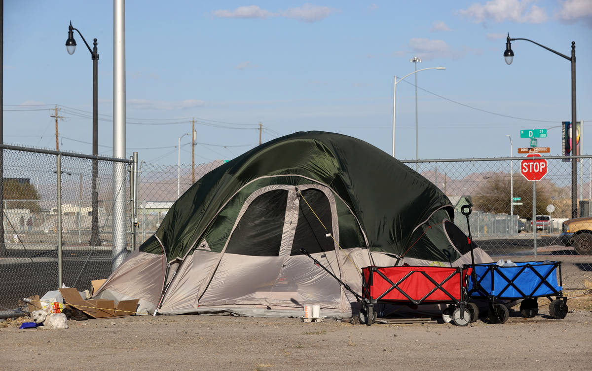A tent near the intersection of D Street and Jefferson Avenue in Las Vegas Tuesday, March 9, 20 ...