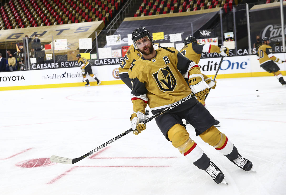 Golden Knights defenseman Alex Pietrangelo warms up before an NHL hockey game at T-Mobile Arena ...