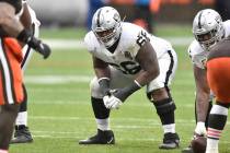 Las Vegas Raiders offensive guard Gabe Jackson (66) lines up during an NFL football game agains ...