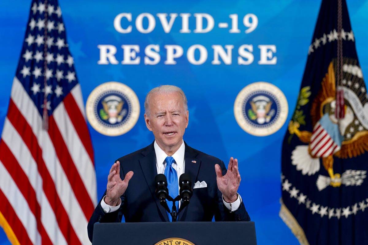 In the March 10, 202, photo, President Joe Biden speaks in the South Court Auditorium in the Ei ...