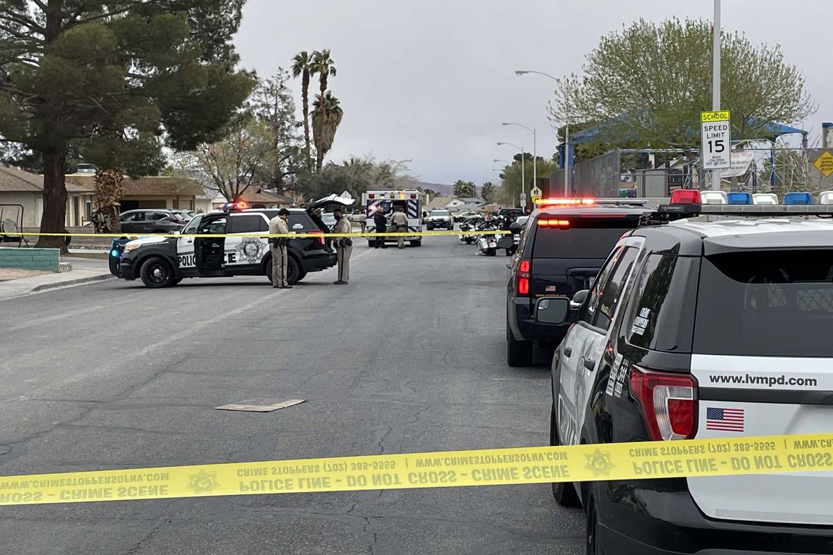 Police investigate an incident involving Clark County School District police at George E. Harri ...