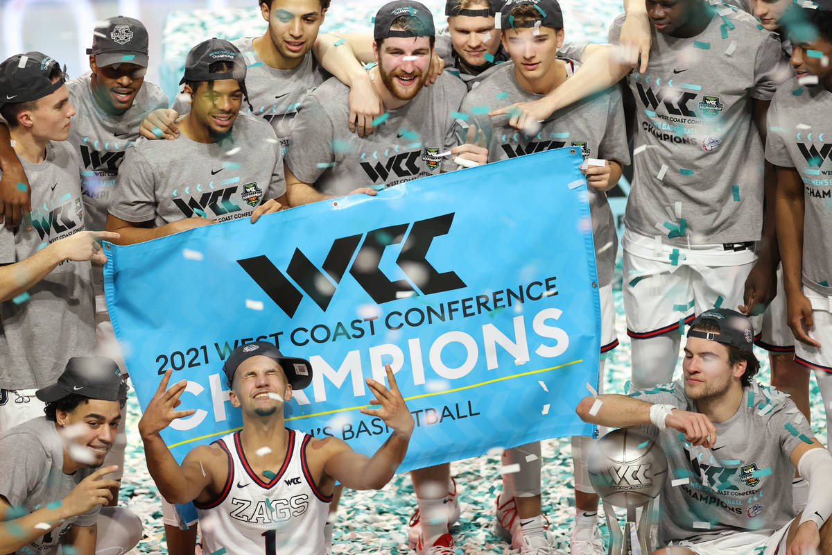 Gonzaga Bulldogs celebrate their win against Brigham Young Cougars in the West Coast Conference ...