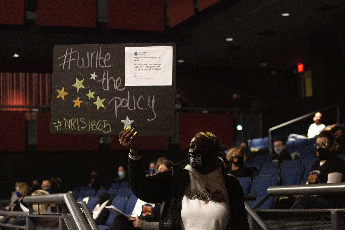 Akiko Cooks, with group No Racism in Schools #1865, demonstrates during a Clark County School D ...