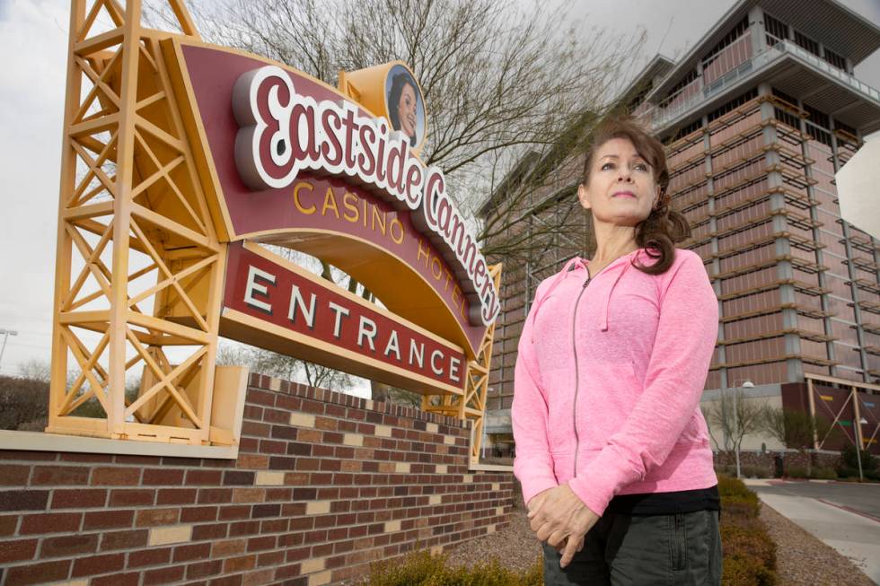 Sharon Beza, a former employee of the Eastside Cannery, poses in front of the Las Vegas casino, ...