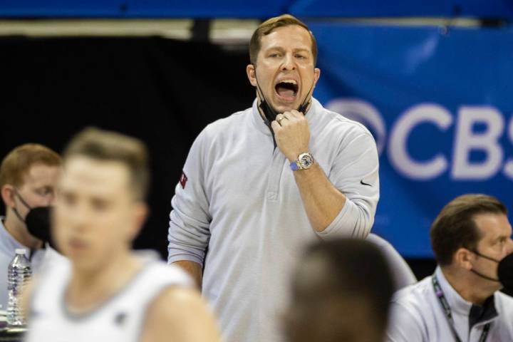 UNLV Rebels head coach T.J. Otzelberger calls a play in the first half during the Mountain West ...