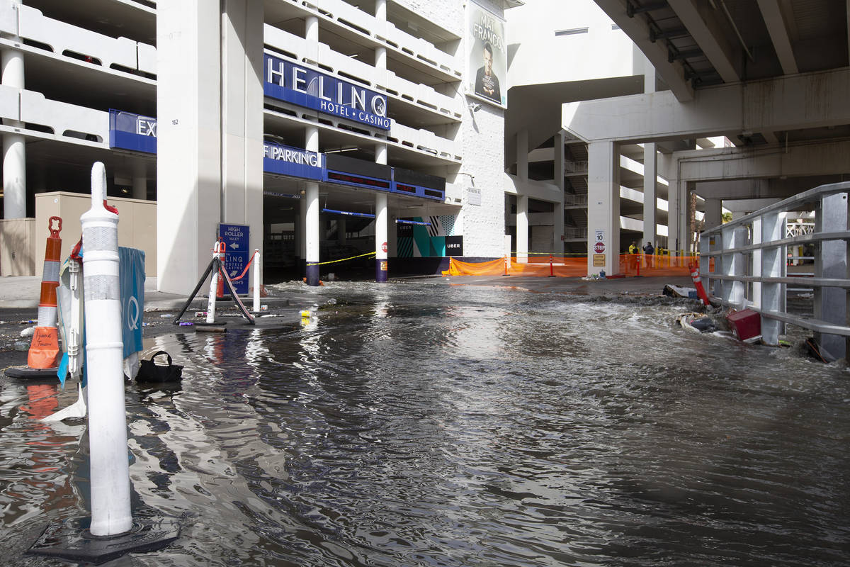 The LINQ parking garage is flooded on Friday, March 12, 2021, in Las Vegas. (Ellen Schmidt/Las ...