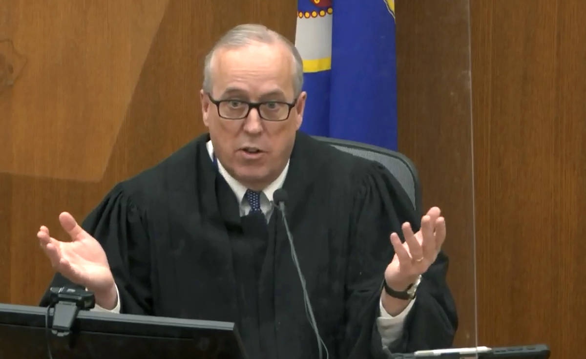 In this image taken from video, Hennepin County Judge Peter Cahill speaks during pretrial ...