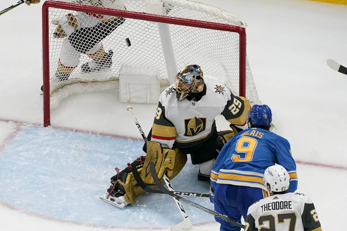 St. Louis Blues' Sammy Blais (9) scores past Vegas Golden Knights goaltender Marc-Andre Fleury ...
