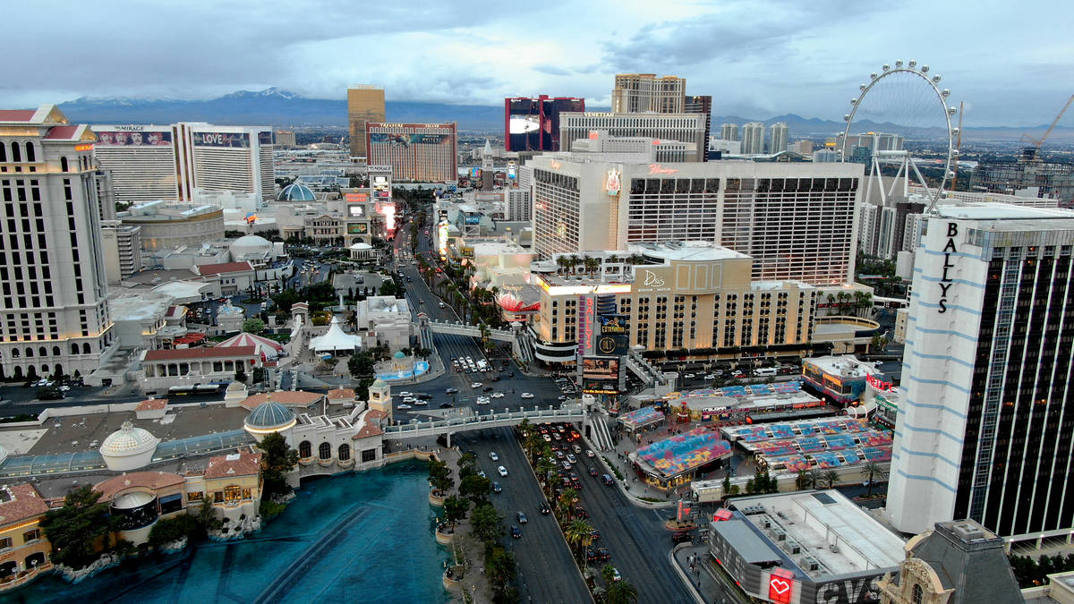 Aerial view of the Las Vegas Strip a year after the pandemic shutdown on Friday, March 12, 2021 ...