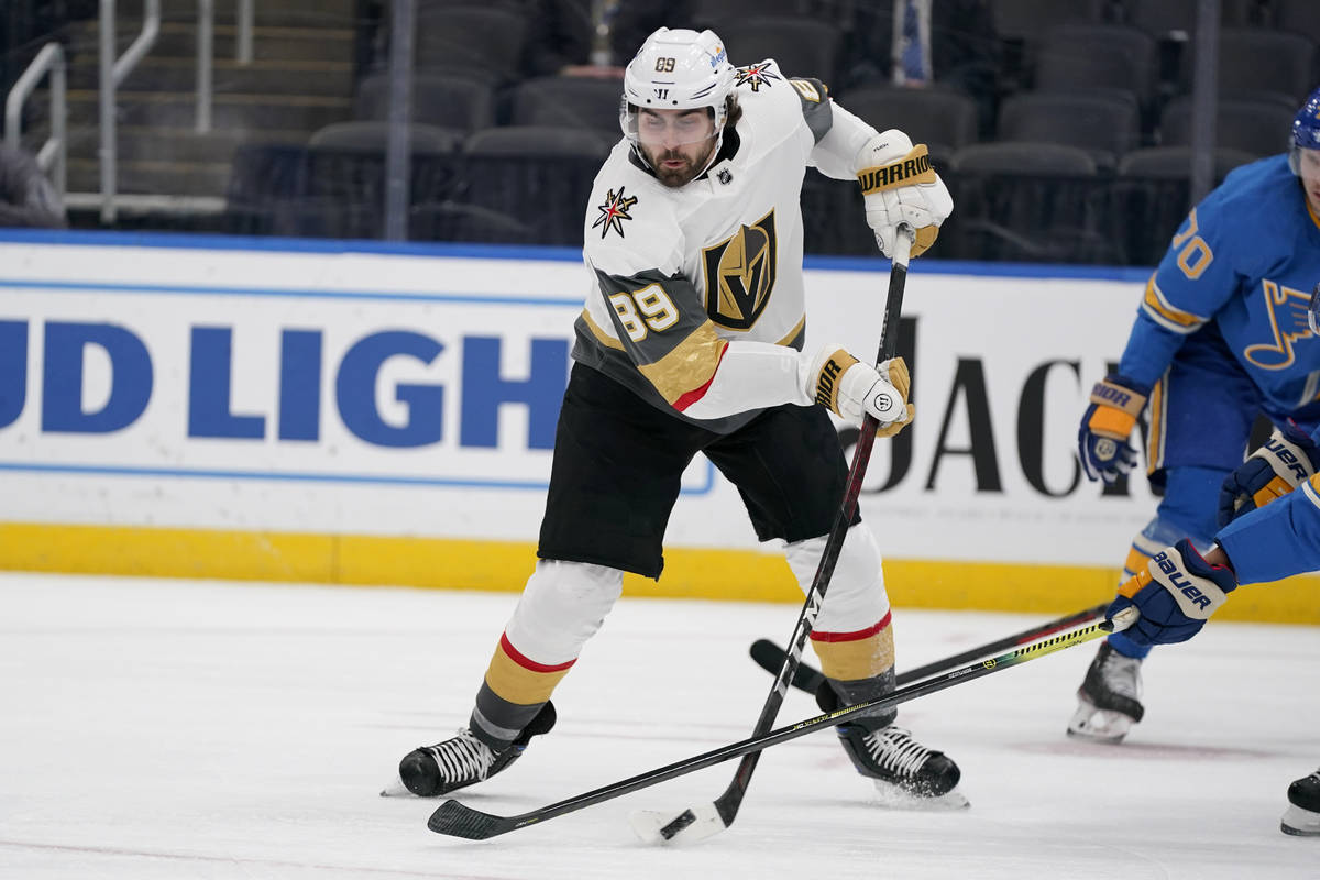 Vegas Golden Knights' Alex Tuch shoots during the first period of an NHL hockey game Saturday, ...
