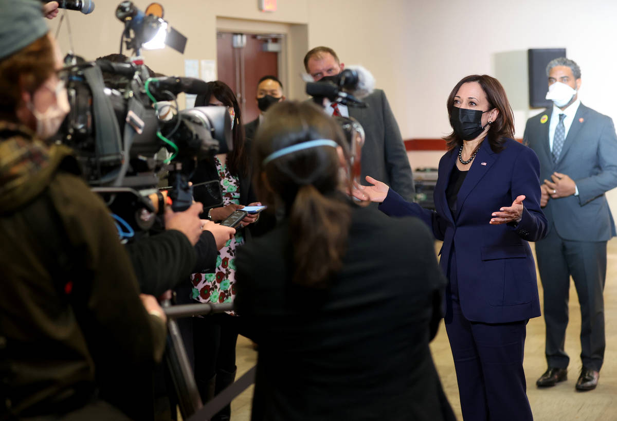 Vice President Kamala Harris talks to the news media after visiting a Culinary Academy of Las V ...