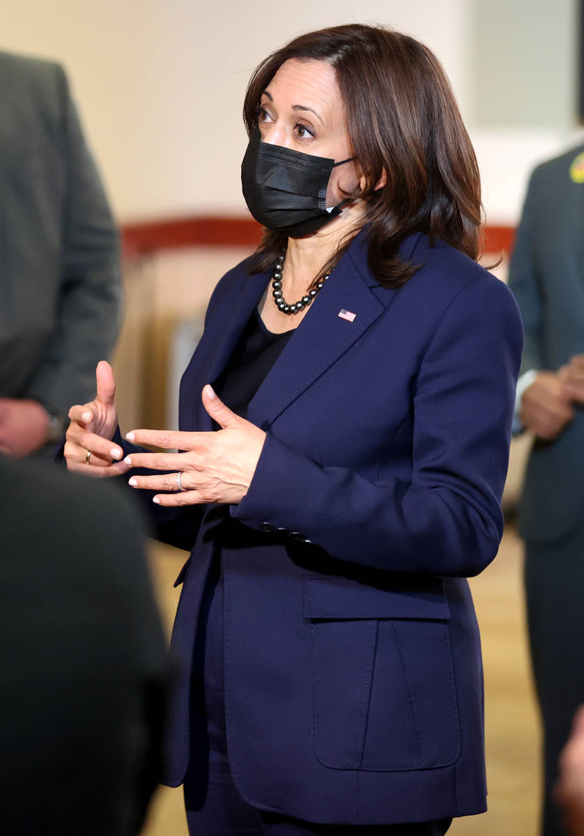 Vice President Kamala Harris talks to the news media after visiting a Culinary Academy of Las V ...
