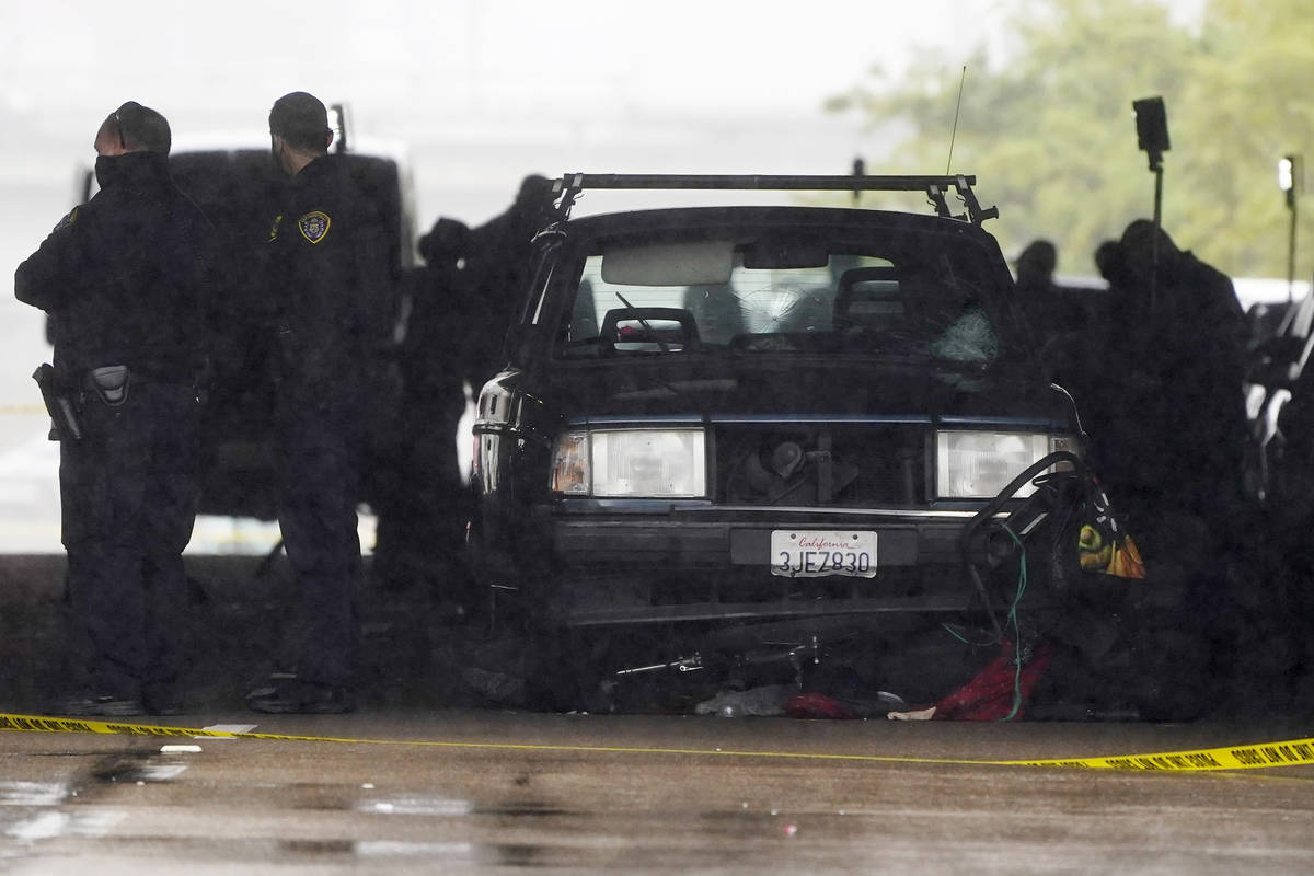 A car involved in a deadly accident sits at the scene Monday, March 15, 2021, in San Diego. A d ...