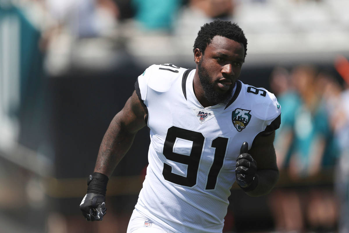 FILE - In this Sept. 8, 2019, file photo, Jacksonville Jaguars' Yannick Ngakoue is introduced d ...