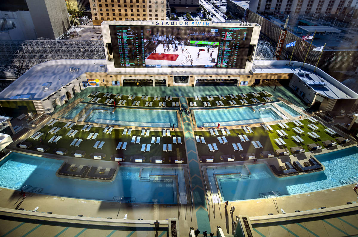 View of Stadium Swim from above in a Flex King Suite at Circa on Friday, Dec. 18, 2020, in Las ...