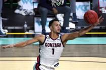 Gonzaga guard Jalen Suggs grabs a rebound against Saint Mary's during the second half of an NCA ...