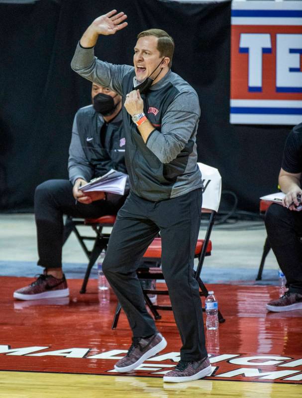 UNLV Rebels head coach T.J.Otzelberger directs his players versus Saint Katherine during the fi ...