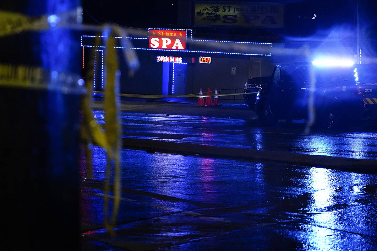 A massage parlor is seen after a shooting, late Tuesday, March 16, 2021, in Atlanta. Authoritie ...