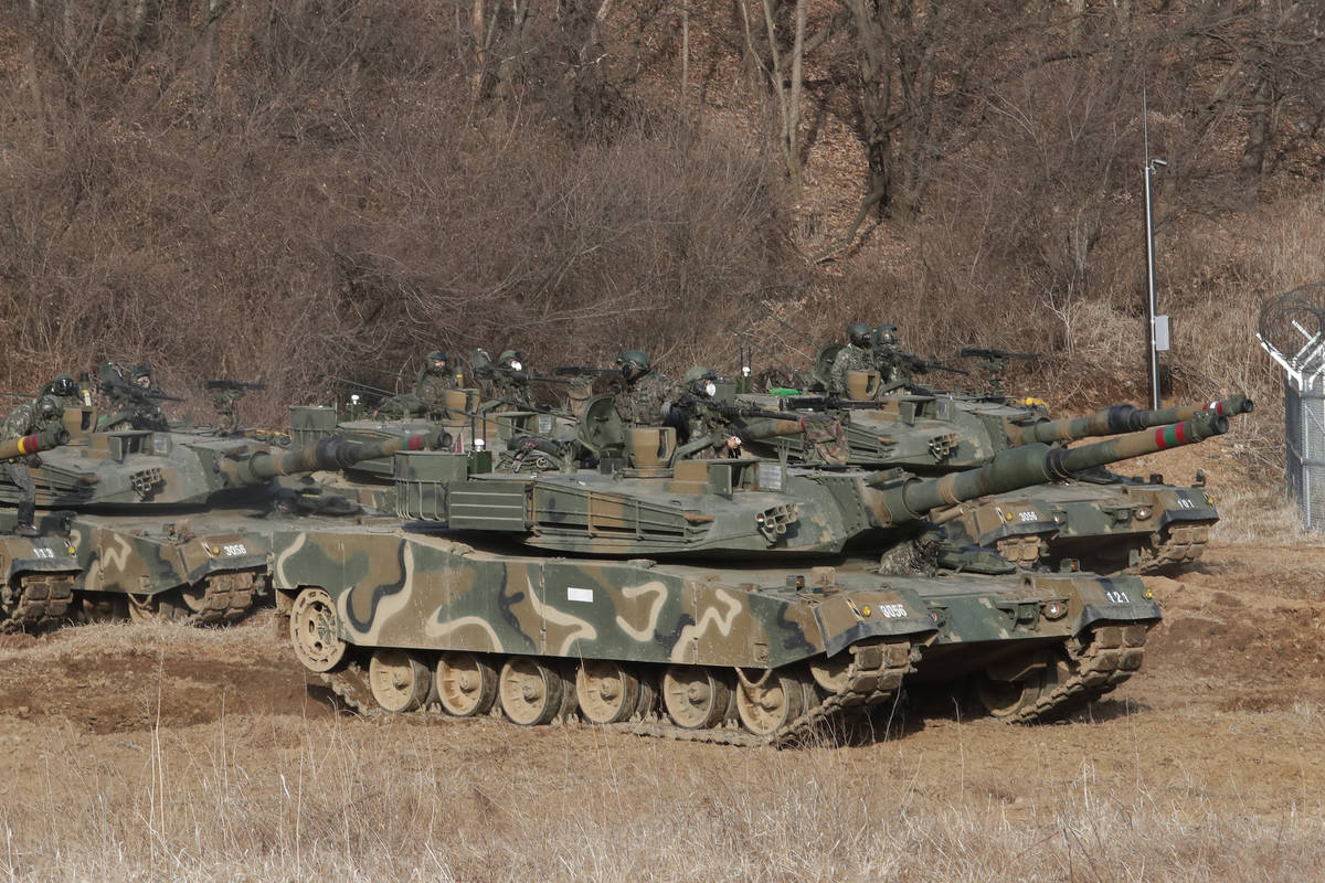 South Korean army's K1A2 tanks take part in a military exercise in Paju, South Korea, near the ...