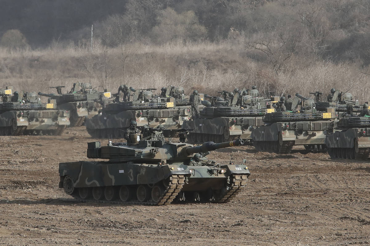 A South Korean army's K1A2 tank moves during a military exercise in Paju, South Korea, near the ...