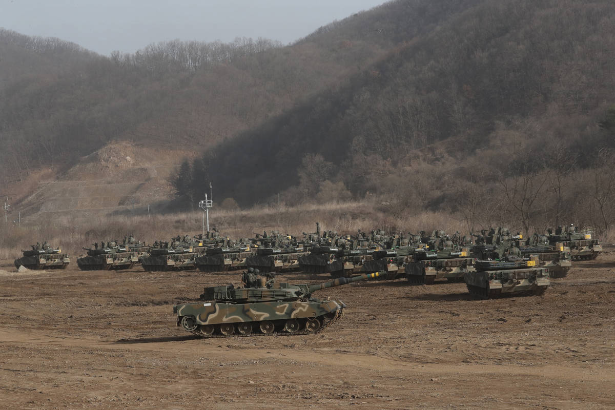 A South Korean army's K1A2 tank moves during a military exercise in Paju, South Korea, near the ...