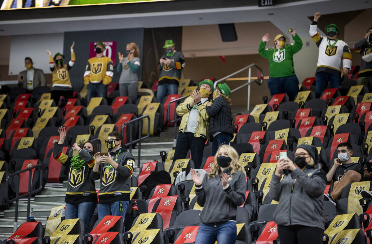 Golden Knights fans are dressed up for St. PatrickÕs Day during the warm ups before an NHL ...