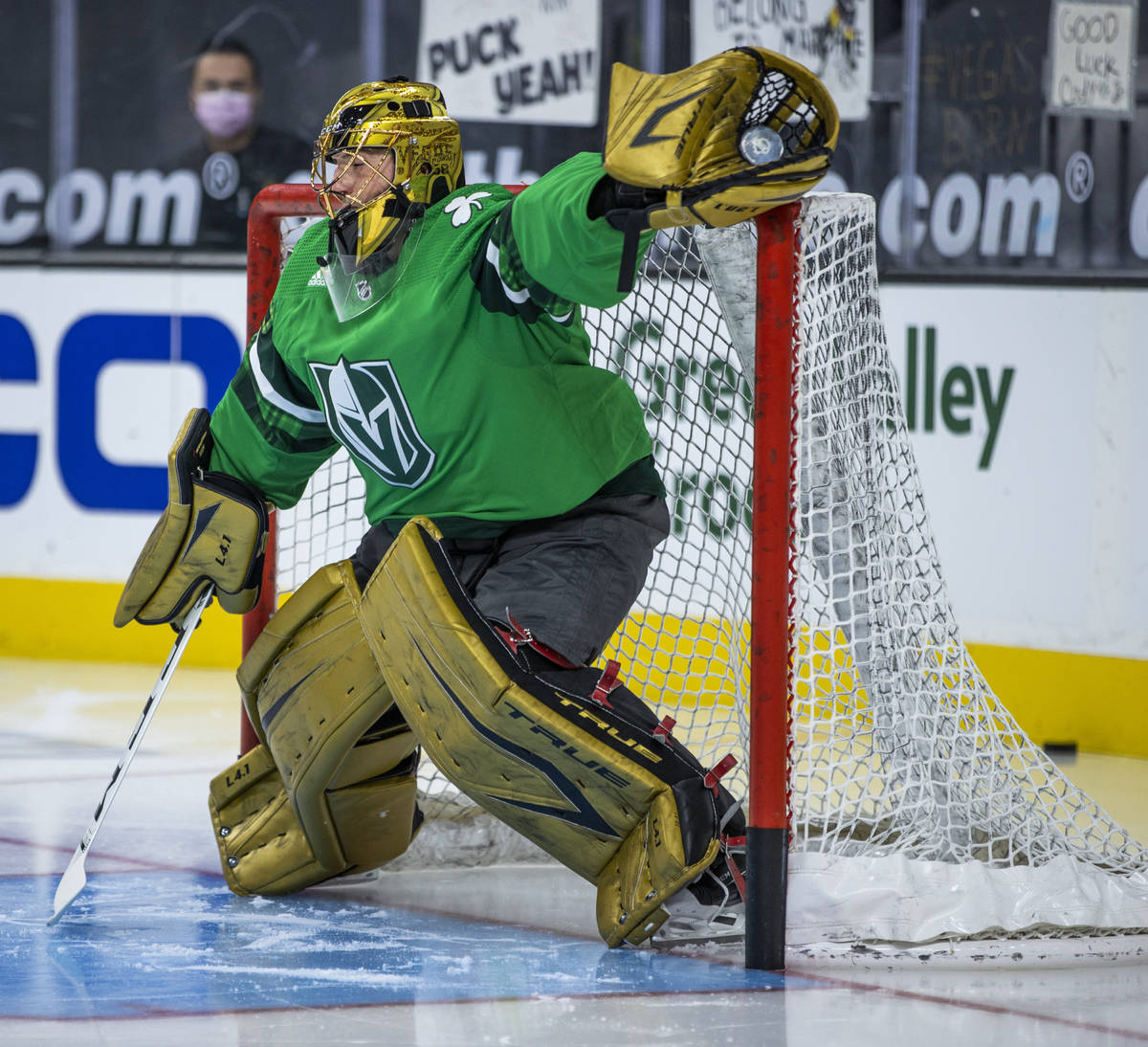 Golden Knights goaltender Marc-Andre Fleury (29) makes a stop during the warm ups before an NHL ...