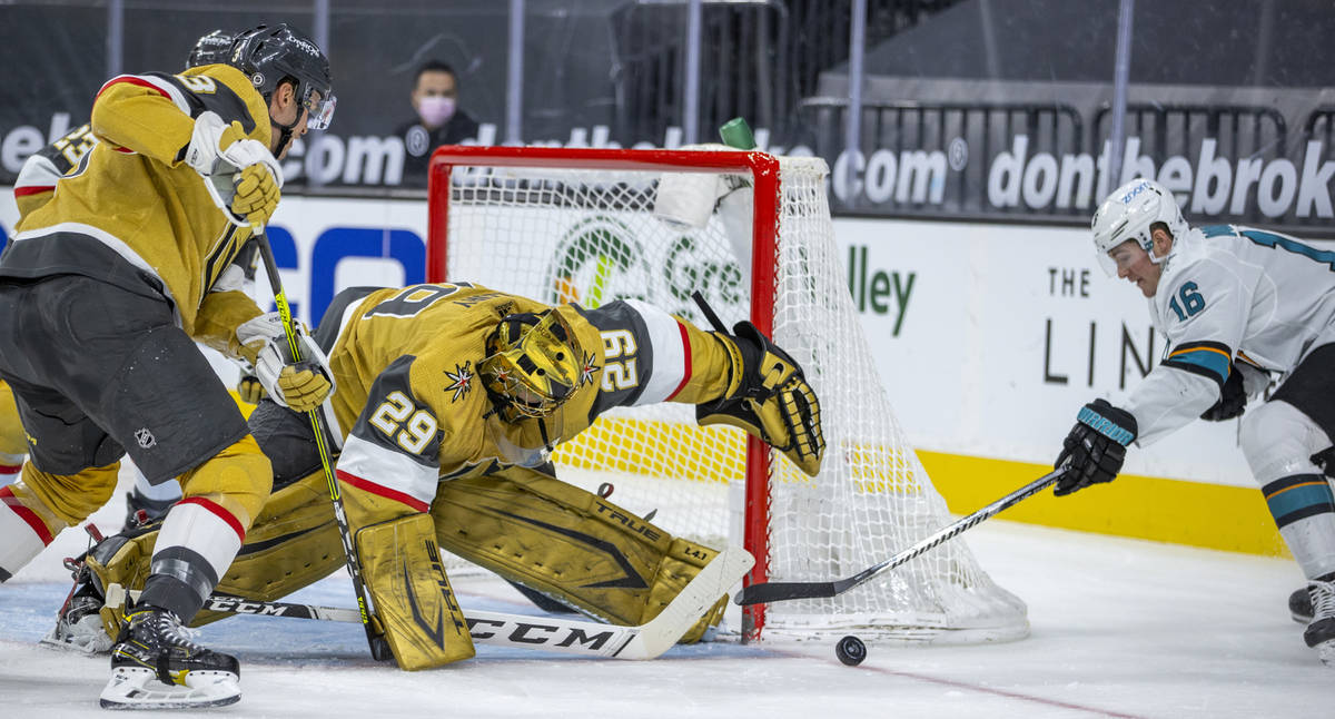 Golden Knights goaltender Marc-Andre Fleury (29) gets a skate on the puck shot on goal by San J ...