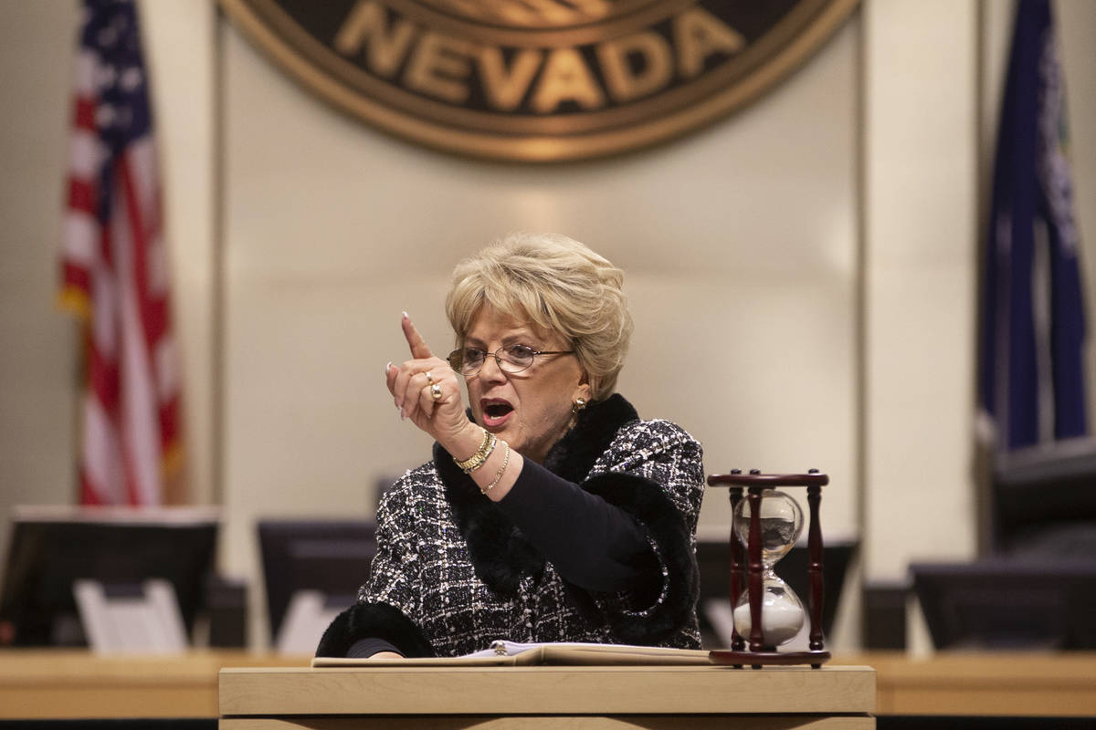In this Jan. 9, 2020 file photo, Las Vegas Mayor Carolyn Goodman delivers the annual State of t ...