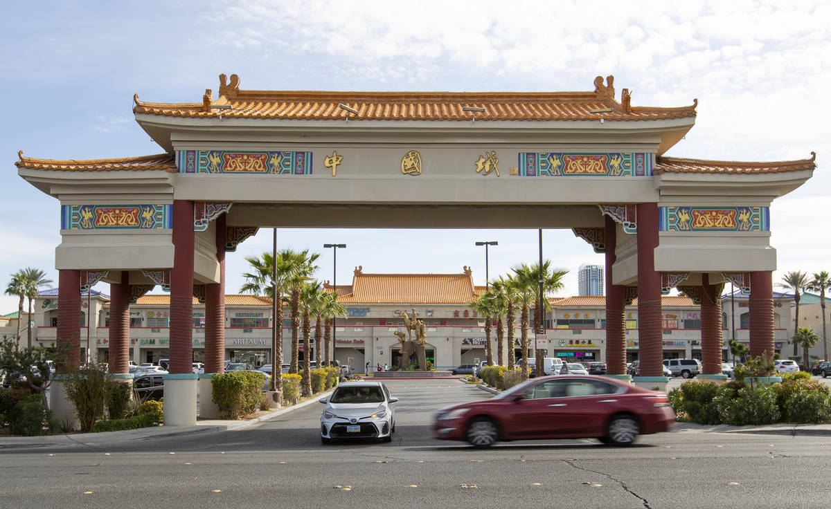 Motorists drive down Spring Mountain Road past Chinatown Plaza on Wednesday, March 17, 2021, in ...
