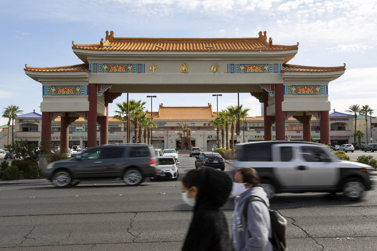Motorists and pedestrians travel on Spring Mountain Road past Chinatown Plaza on Wednesday, Mar ...
