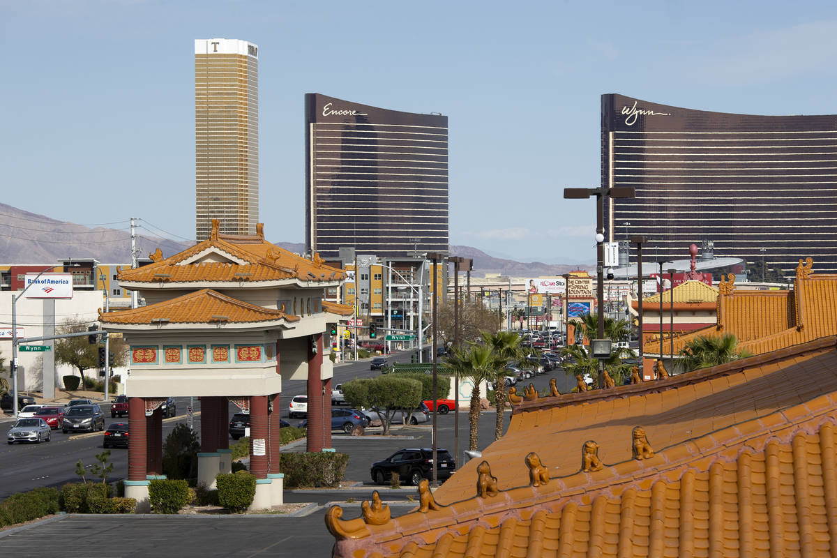 The Las Vegas Strip is seen in the background of Chinatown Plaza on Spring Mountain Road on Wed ...