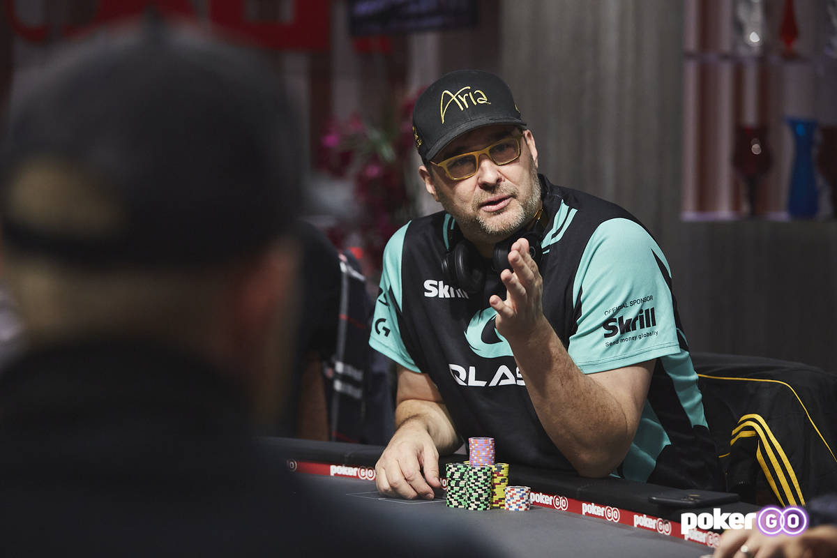 Phil Hellmuth playing poker in the PokerGO studio by the Aria. (PokerGO)