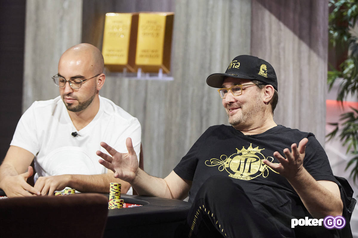 Phil Hellmuth, right, playing poker alongside Bryn Kenney in the PokerGO studio by the Aria. (P ...