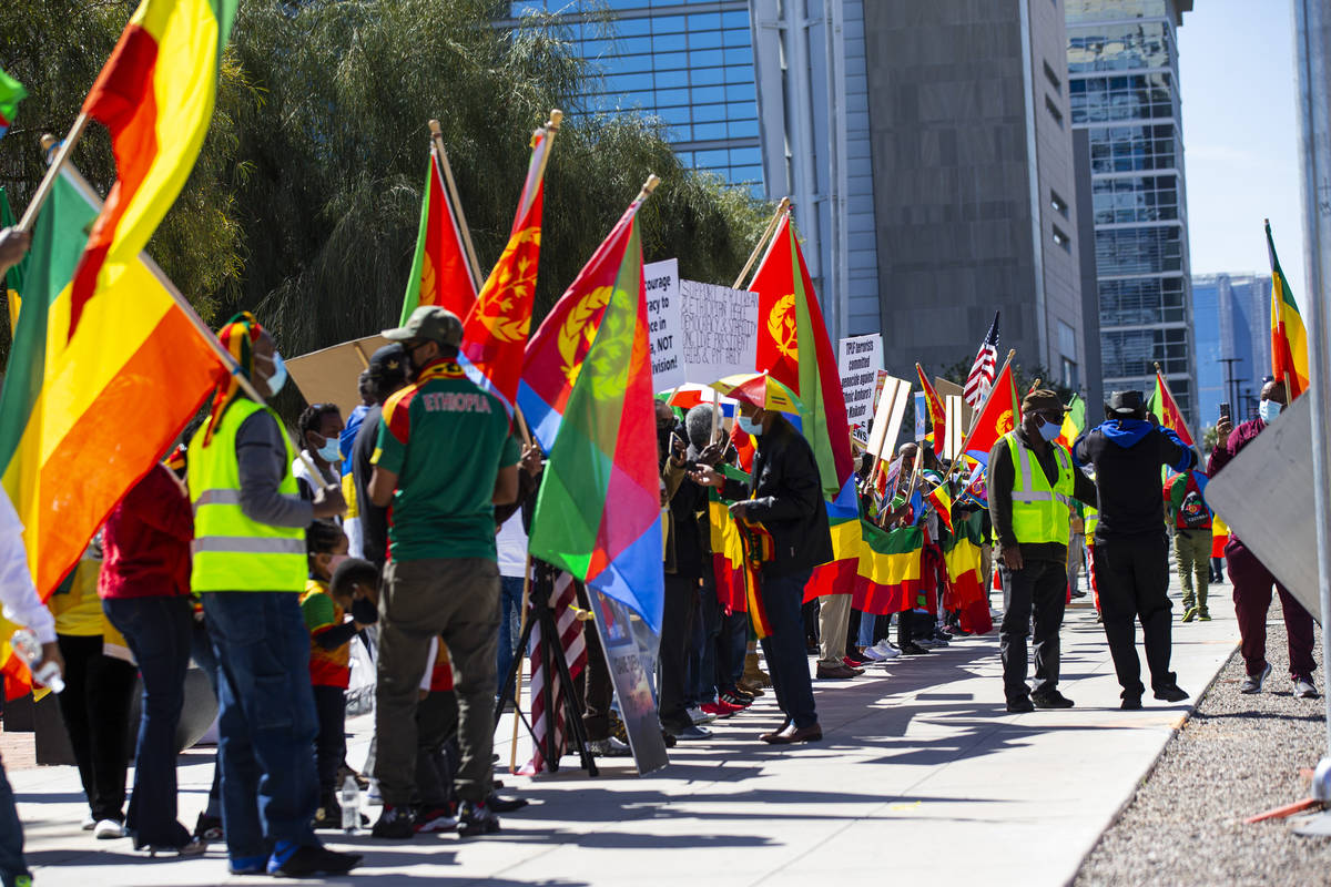 People demonstrate to highlight the humanitarian crisis in the Tigray region of Ethiopia outsid ...