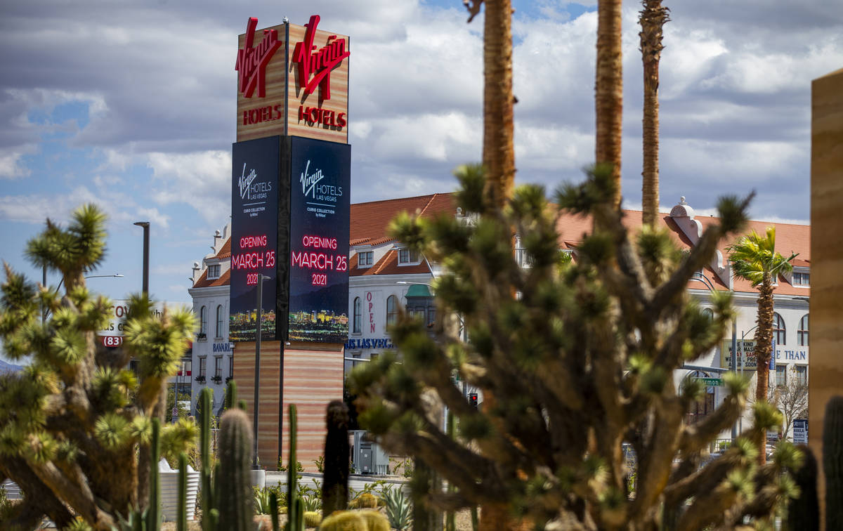 Exterior signage for the reimagined and re-conceptualized casino resort Virgin Hotels Las Vegas ...