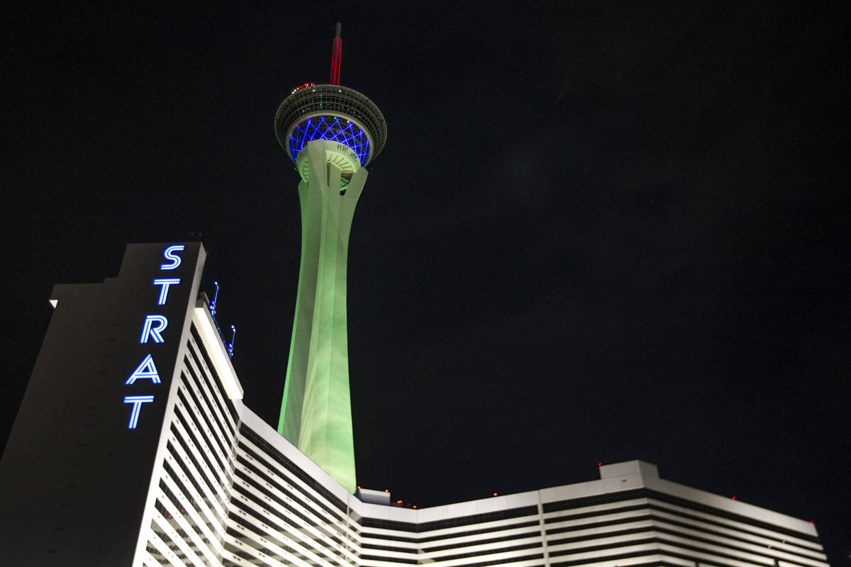 The STRAT is lit green on St. Patrick's Day on Wednesday, March 17, 2021, in Las Vegas. (Ellen ...