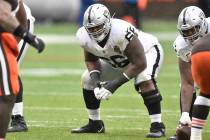 Las Vegas Raiders offensive guard Gabe Jackson (66) lines up during an NFL football game agains ...
