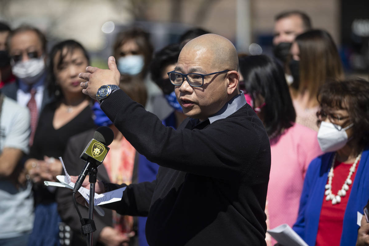 Sonny Vinuya, president of the Las Vegas Asian Chamber of Commerce, speaks during a press confe ...