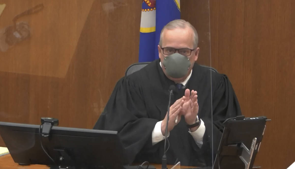 In this image from video, Hennepin County Judge Peter Cahill presides over pretrial motion ...
