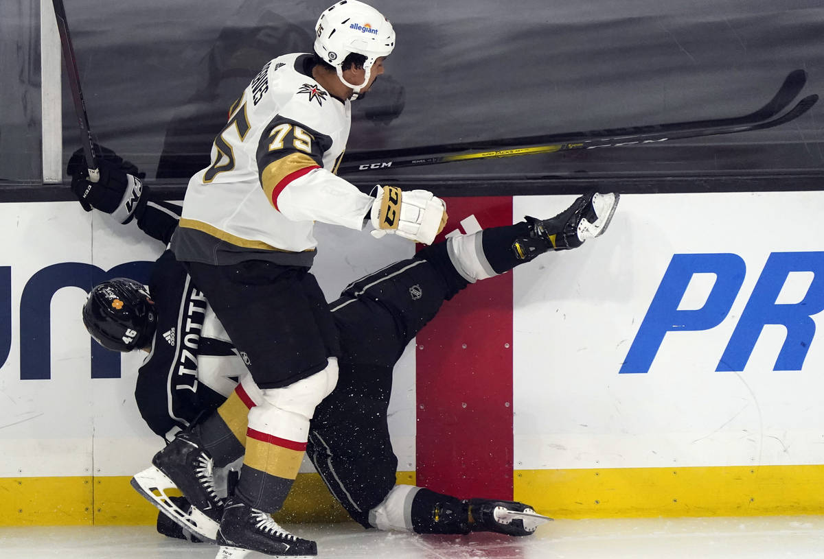 Vegas Golden Knights right wing Ryan Reaves (75) collides with Los Angeles Kings center Blake L ...