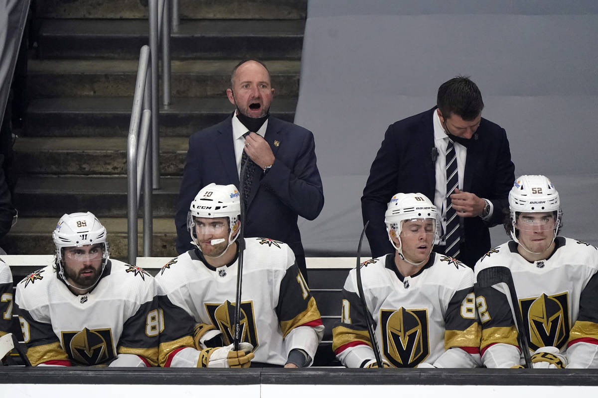 Vegas Golden Knights coach Peter DeBoer argues a call during the second period of the team's NH ...