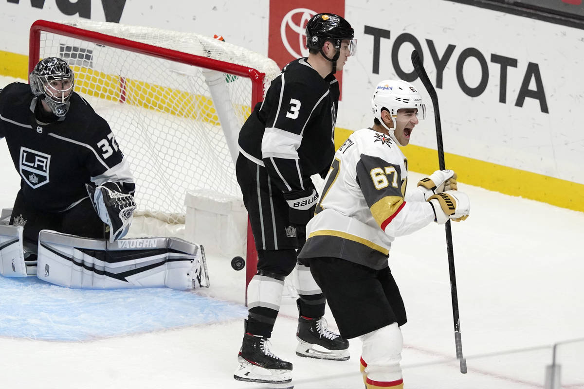 Vegas Golden Knights left wing Max Pacioretty (67) celebrates afer scoring past Los Angeles Kin ...