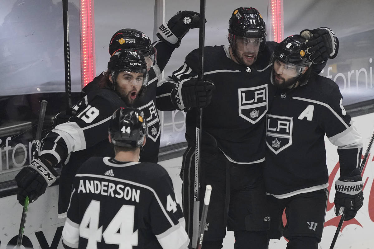 Los Angeles Kings left wing Alex Iafallo (19) celebrates his goal with teammates during the fir ...